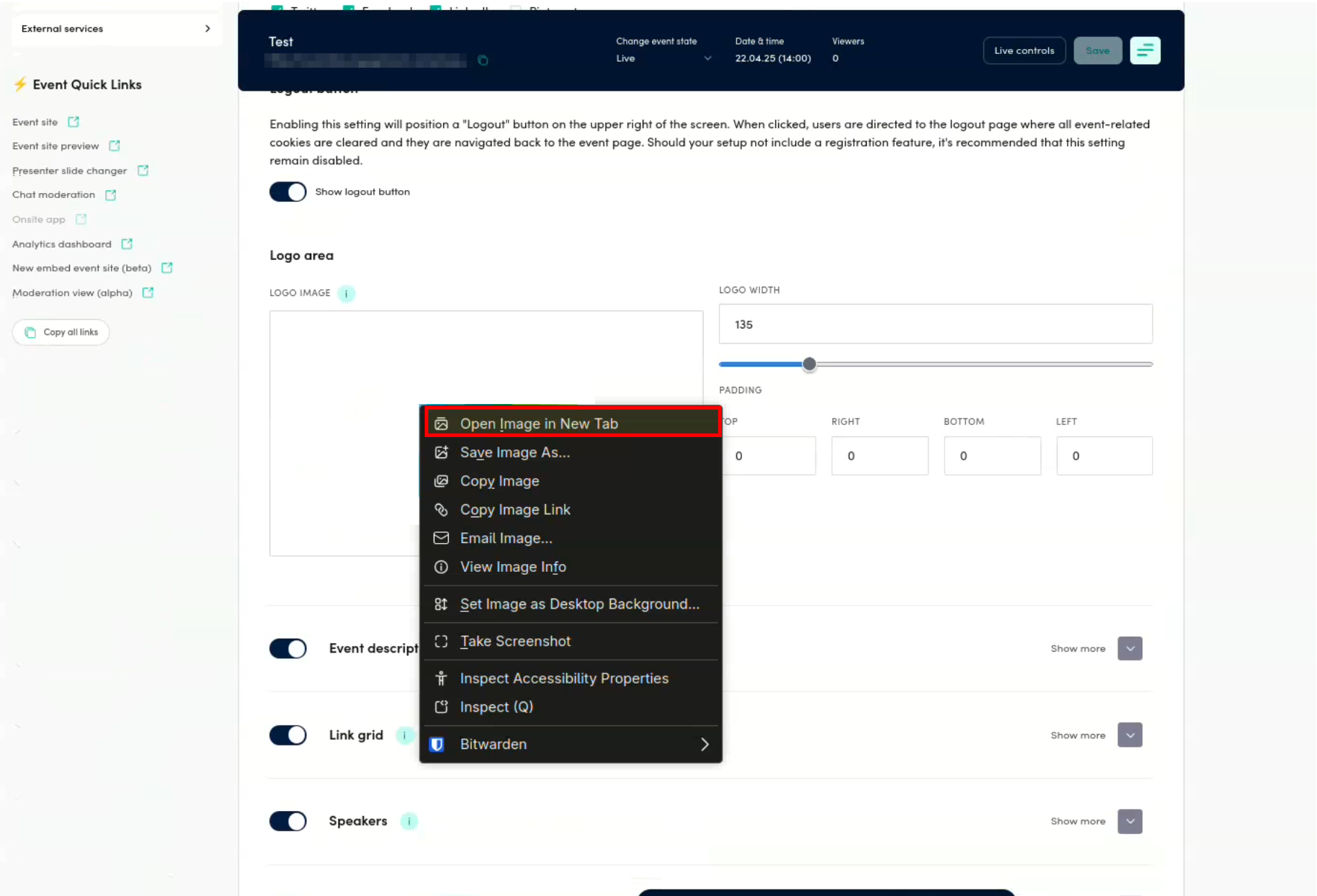 Logo area in Event Site Setup